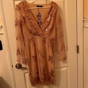 Boohoo beige dress with gold sequins. Size US 8